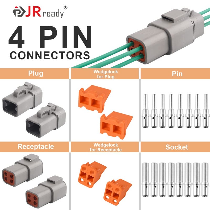 JRready مجموعة موصلات JRready ST6245 DTP 4 دبابيس رمادية مقاومة للماء مع سلك كهربائي بحجم 12 اتصال صلب 14-12 AWG، 2 مجموعات - Image 2